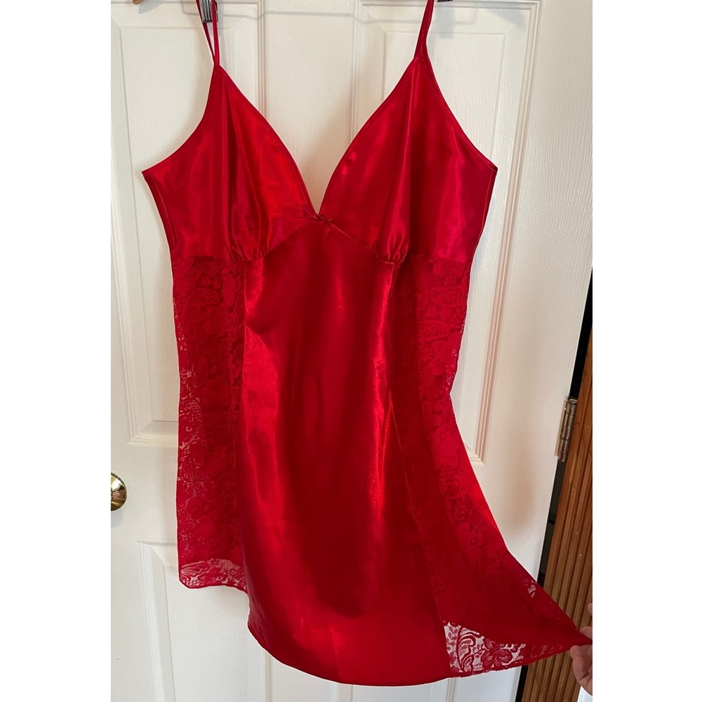 Vintage Red Satin Slip Dress Lace Ashley Stewart Babydoll Plus Size Lingerie